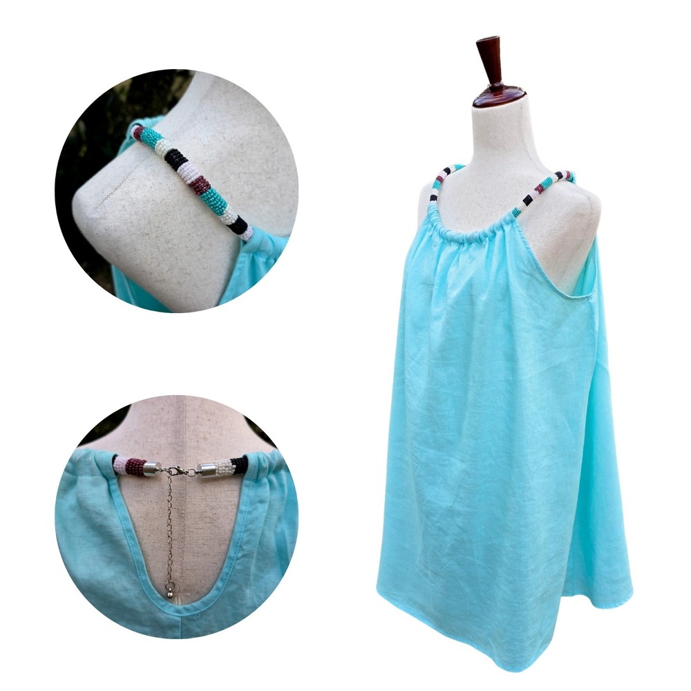 Linen Shift Mini Dress Size M Resortwear‎ Beaded Collar Blue Beach Swim Coverup